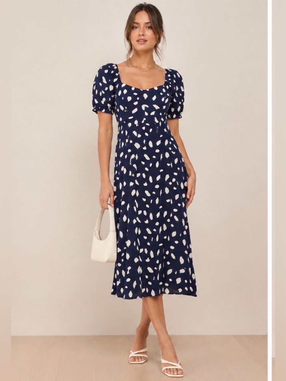 Reformation Zippy Dress Navy White Abstract Print Puff Sleeve Midi Dress Size 4P